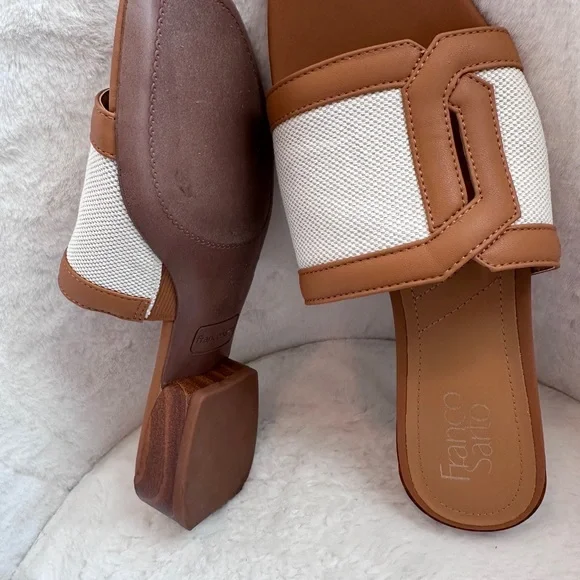 Franco Sarto Women's Tan and White Slide Sandals - Picture 2 of 5